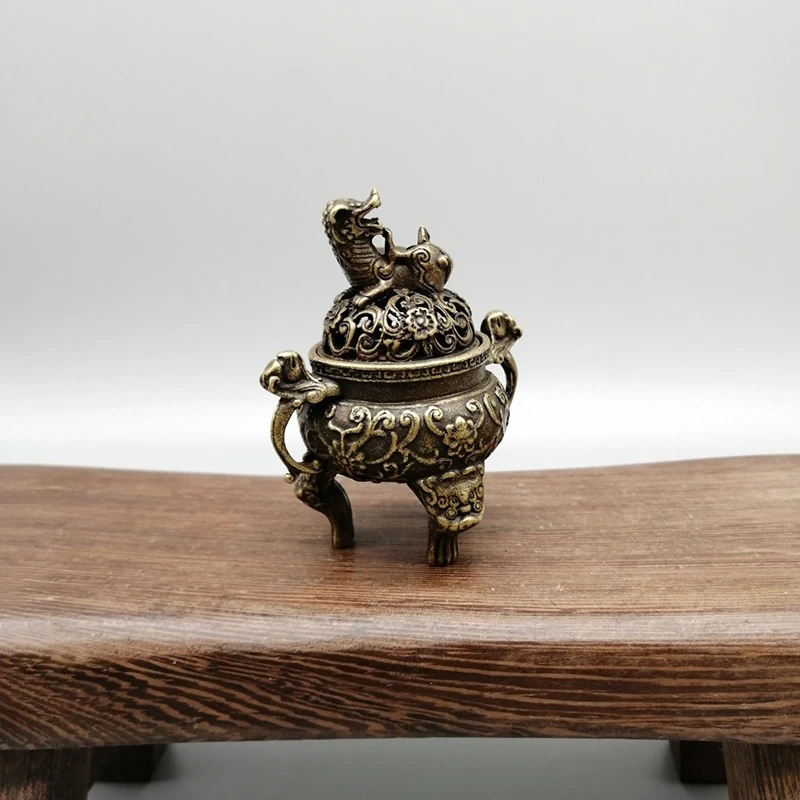 Antique Collection: Small Brass Incense Burner Ornament, Compact Decorative Craft Gift