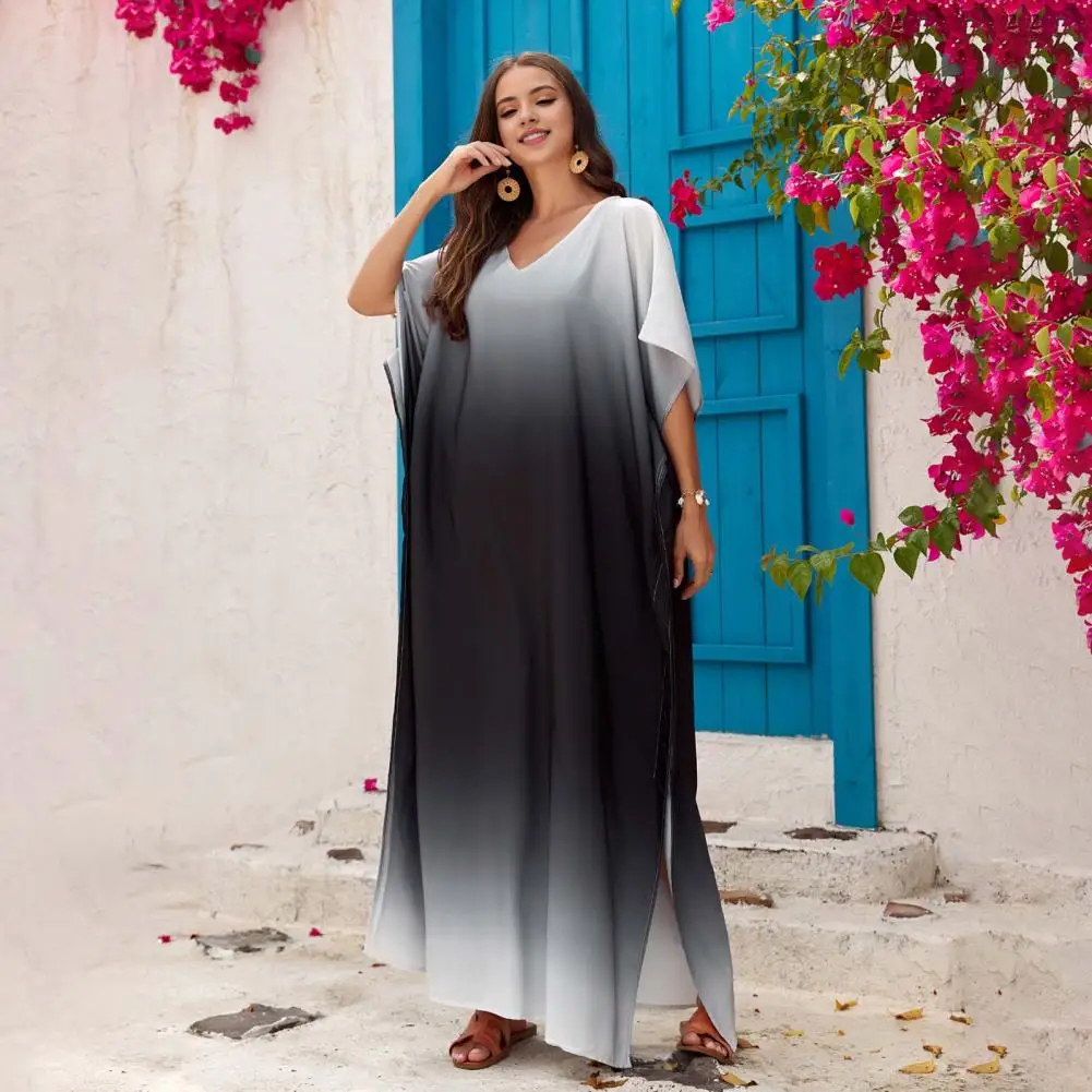 Summer Resort Wear Stylish Beach Cover Up Dresses V-neck Short Sleeve Loose Fit with Side Slit Gradient Color Vacation Travel