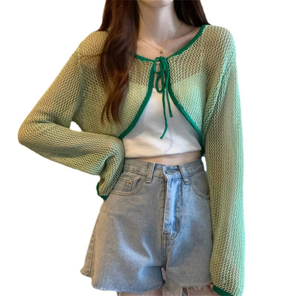 

Весенний модный солнцезащитный укороченный ажурный кардиган, женский вязаный простой тонкий летний топ на шнуровке в корейском стиле с длинными рукавами