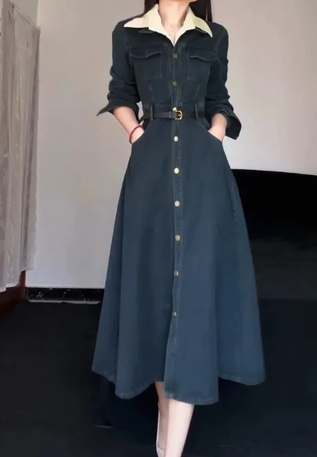 

Vintage Jeans Dresses Woman New French Niche Jeans Dress High Waisted Lapel Pocket Button A-Line Denim Long Skirts for Woman