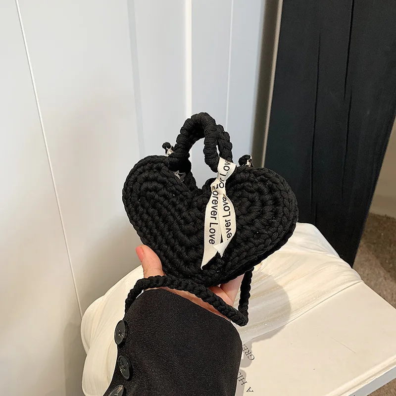 New Version Fabric Strip Crochet Heart Children's Accessories Hand-held Crossbody Mobile Phone Women's Bag Finished