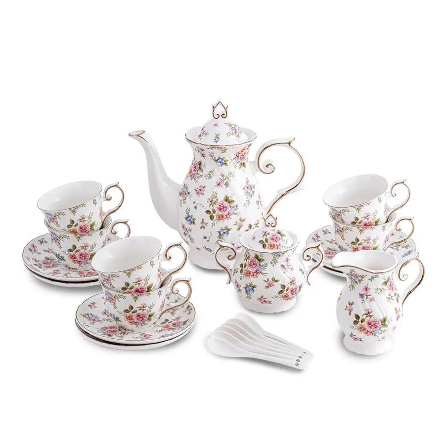 

Set 21Piece Ceramic tea cups and saucers set of 6 with Sugar and Creamer Set,Teapot,teapot set for Adults, Women Tea Party small