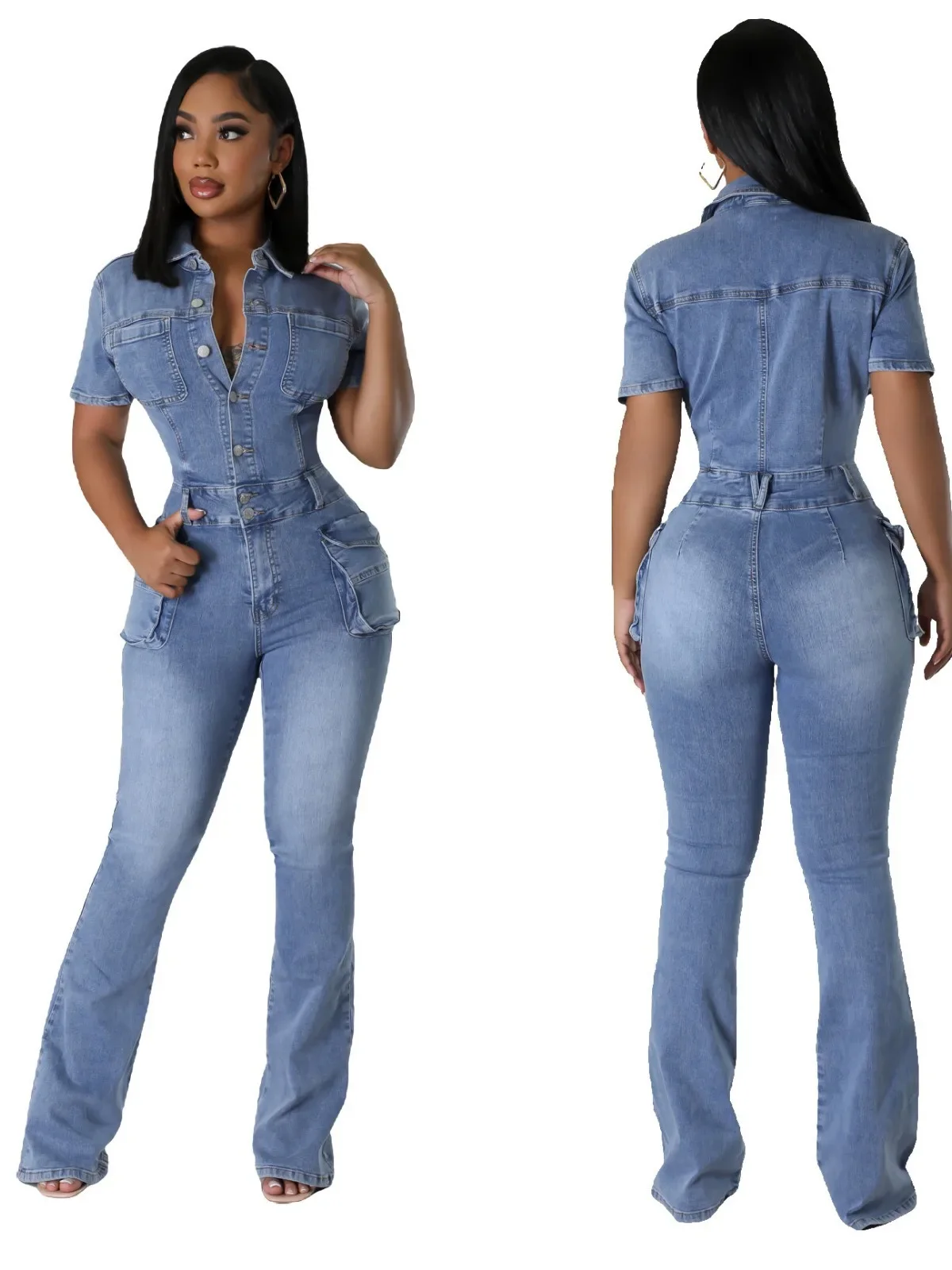 Streetwear Jeans Jumpsuits Summer Women Turndown Collar Bodysuit Flare Pants Pockets Denim Rompers Sexy One Pieces Overalls