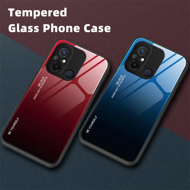 Tempered Glass Case For Xiaomi Redmi 12C 4G Gradient Glass Back Cover Hard Case Soft Bumper for Redmi 12C Redmi12C 4G 22120RN86G