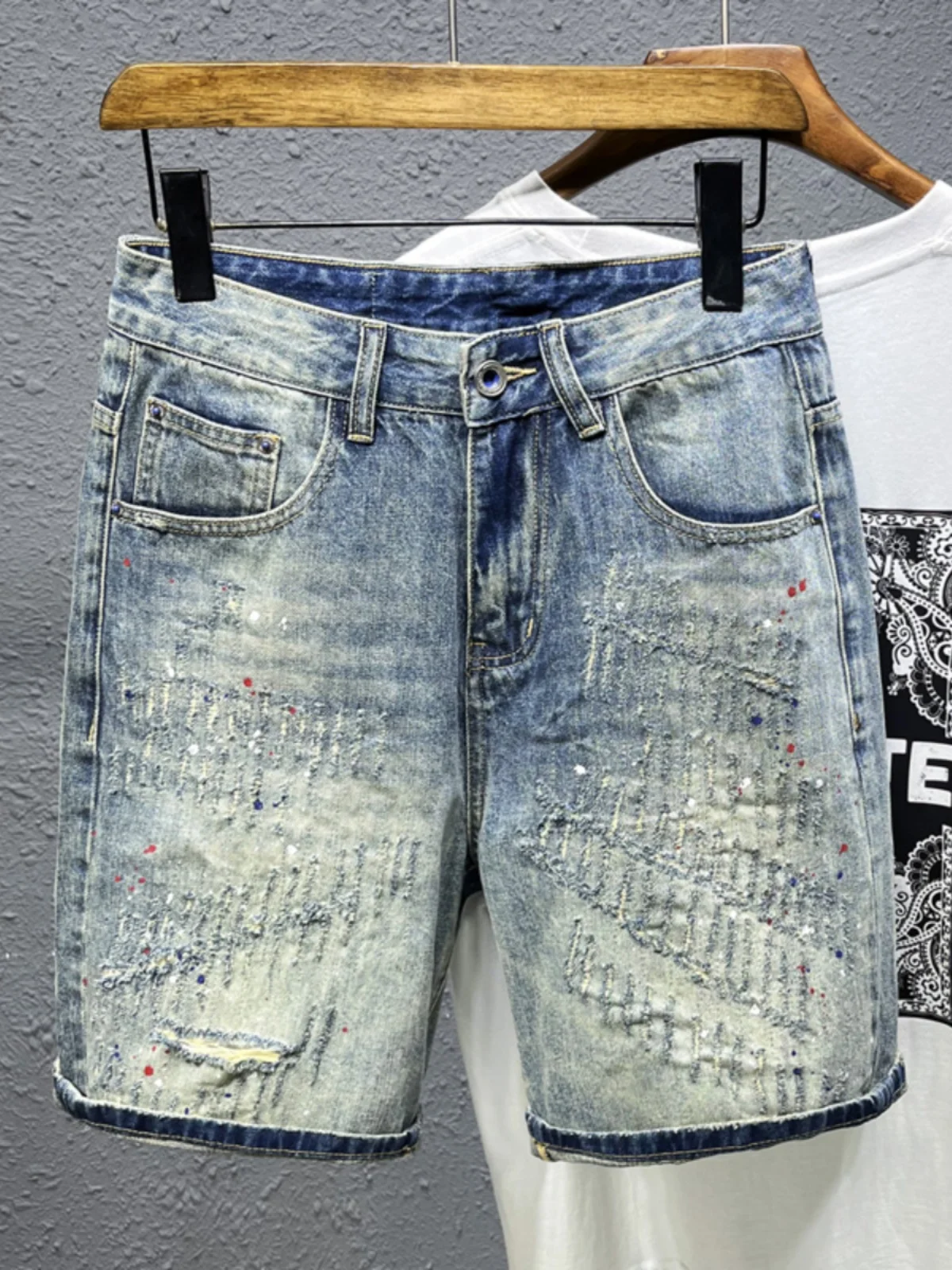 

American High Street Sle Men's ort Jeans Summer Thin Loose Straight Stitched Hole Youth Casual Wear mid Waist Five-Quarter