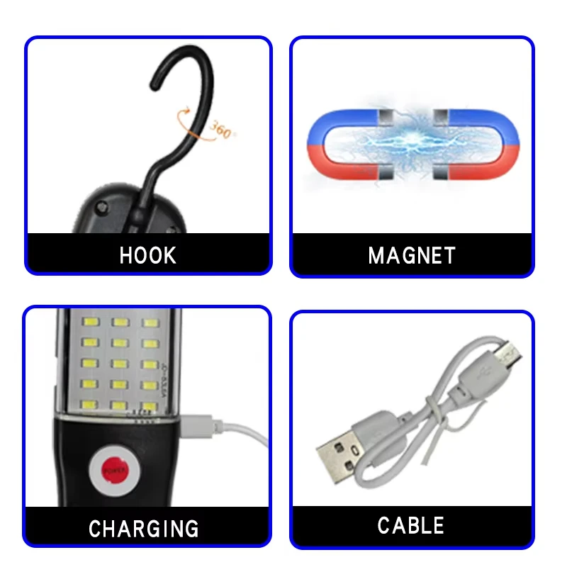 ไฟฉายพกพาแบบชาร์จไฟได้ผ่าน USB พร้อมแม่เหล็กและตะขอ สำหรับซ่อมรถยนต์ ตกปลา กรณีฉุกเฉิน และงานซ่อมในโรงงาน
