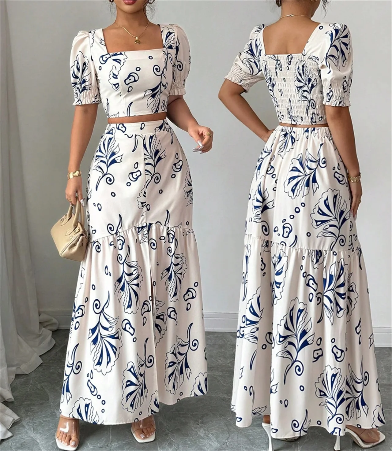 

EINY Fashion Print Set For Women Elegant Short Sleeve Square Collar Tops+High Waist Long Skirt 2 Pieces Sets Lady Vacation Party