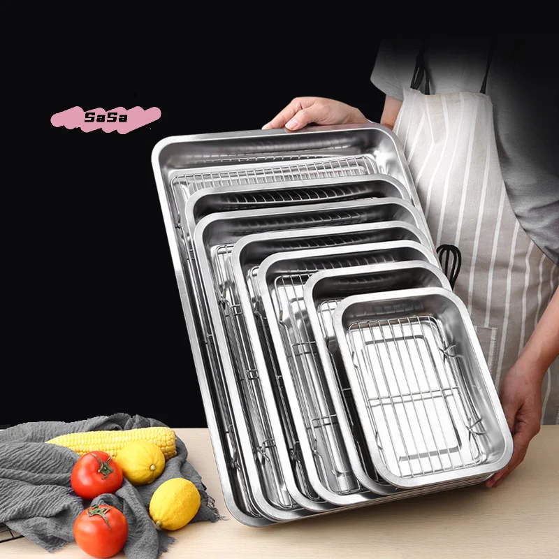 Stainless Steel Baking Tray Set Non-Stick with Removable Cooling Rack BBQ Pan Tray Oven Brownie Rack for Cooking And Roasting