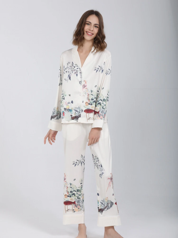 2024 New Chinese Pajamas Women's Autumn Long Sleeved Pants Ice Silk Two Piece Set Can Be Worn Externally For Home Wear