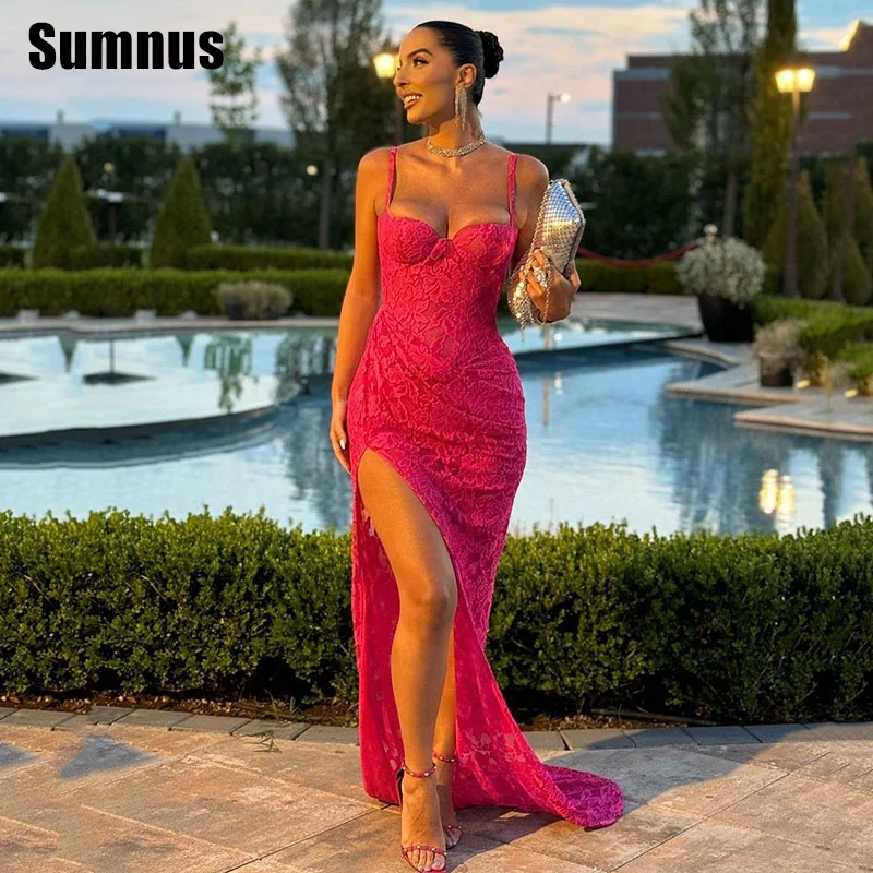 

SUMNUS Hot Pink Lace Sweetheart Evening Prom Gowns Side Split Spaghetti Strap Party Dresses Mermaid Dress 2024 Customized