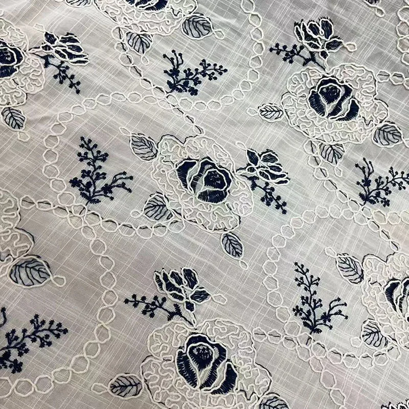 

Two-tone cotton rope 3D rose floral embroidered linen yarn fabric for DIY clothing sewing tablecloths curtains designer fabric