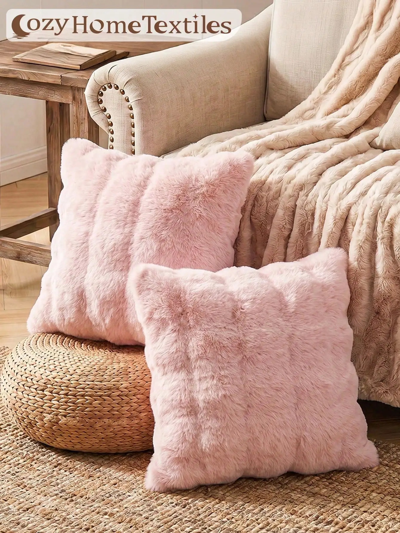 2pcs Khaki Luxury Faux Rabbit Fur Pillow Covers, No Insert, Warm Soft Comfortable, Fluffy Plush Home Decor Cushion Covers, Suitable For Living Room Sofa, Bedroom Bed, Large Decorative Pillowcases, Machine Washable, Autumn Decor