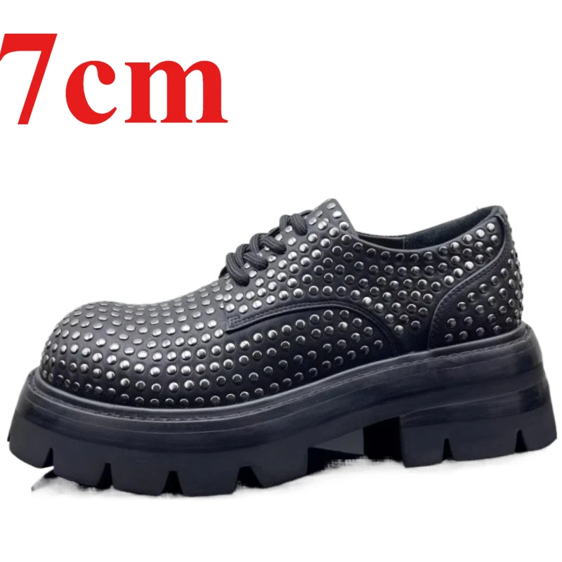 

European Street Fashionista Show Rivet Design Casual Derby Shoes 7cm Genuine Leather Hand Made Thick Sole Height Increased Shoes