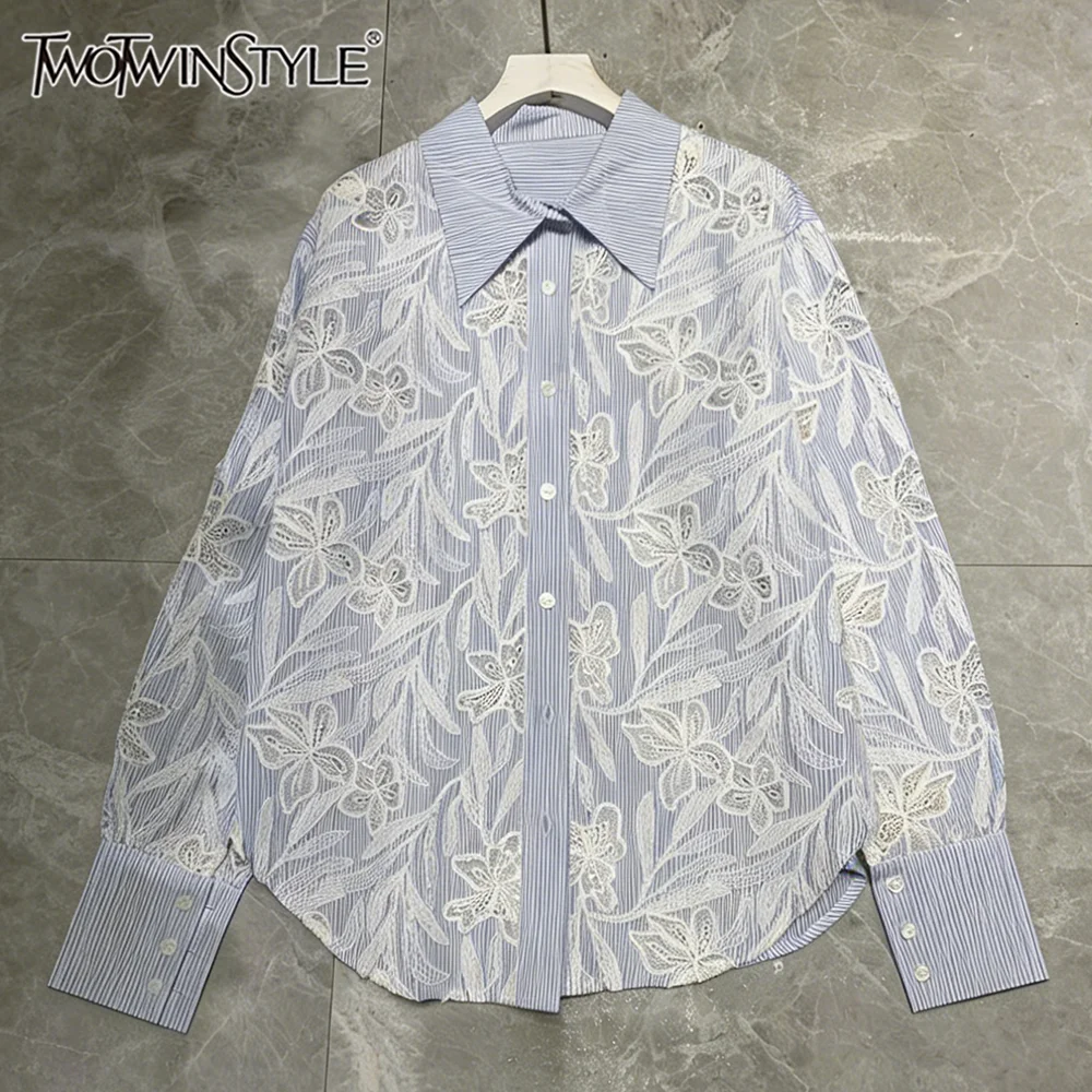 

TWOTWINSTYLE Casual Loose Blue Striped Shirt for Women Lapel Long Sleeves Hollow Out Accent Blouse for Office Commute KBL560278