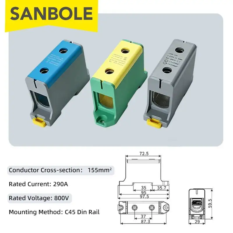 Terminal Block Wiring 150mm2 DIN Rail Mounting C45 Aluminum Type Guide Electric Connector Wire Contact Screw 1 In 1 Out