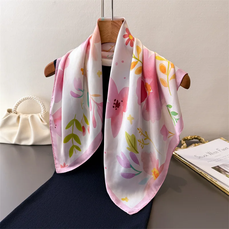 Elegant 70*70cm Floral Print Silk Square Scarf for Women Decorate Neckerchief Fashion Foulard Hijab Female Neck Ties Headscarf
