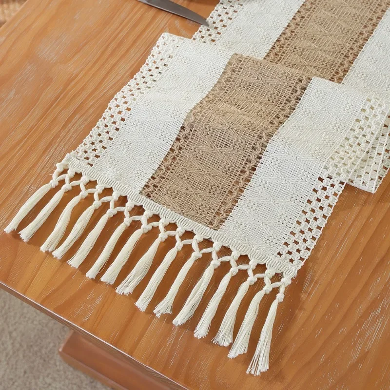 Hand Woven Jute Natural Linen Table Runner with Tassels Rustic Country Wedding Birthday Christmas Decoration for Home tablecloth