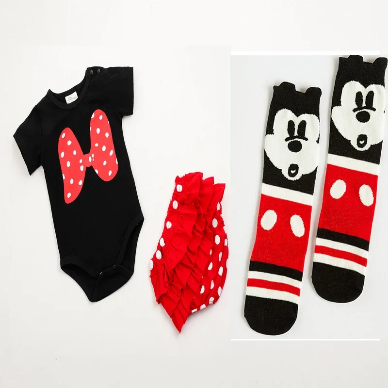 Summer Baby Boy Girl Newborn Romper Hat Short Skirt Sock 3 PCS Set Cartoon Mickey Minnie Infant Clothing Bebe Cotton Jumpsuits