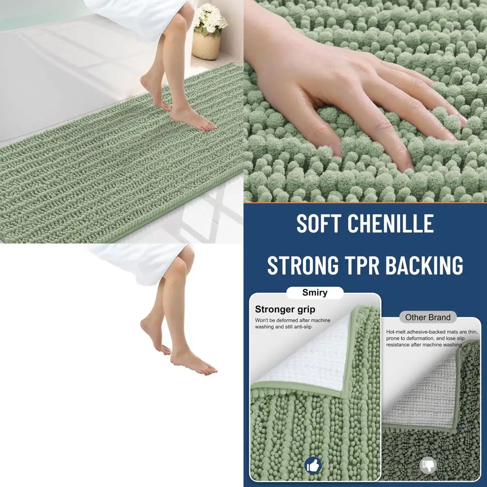 

Soft Chenille Bath Mat 70x24, Sage Green, Non-Slip, Machine Washable, Quick Drying for Bathroom, Tub, Shower