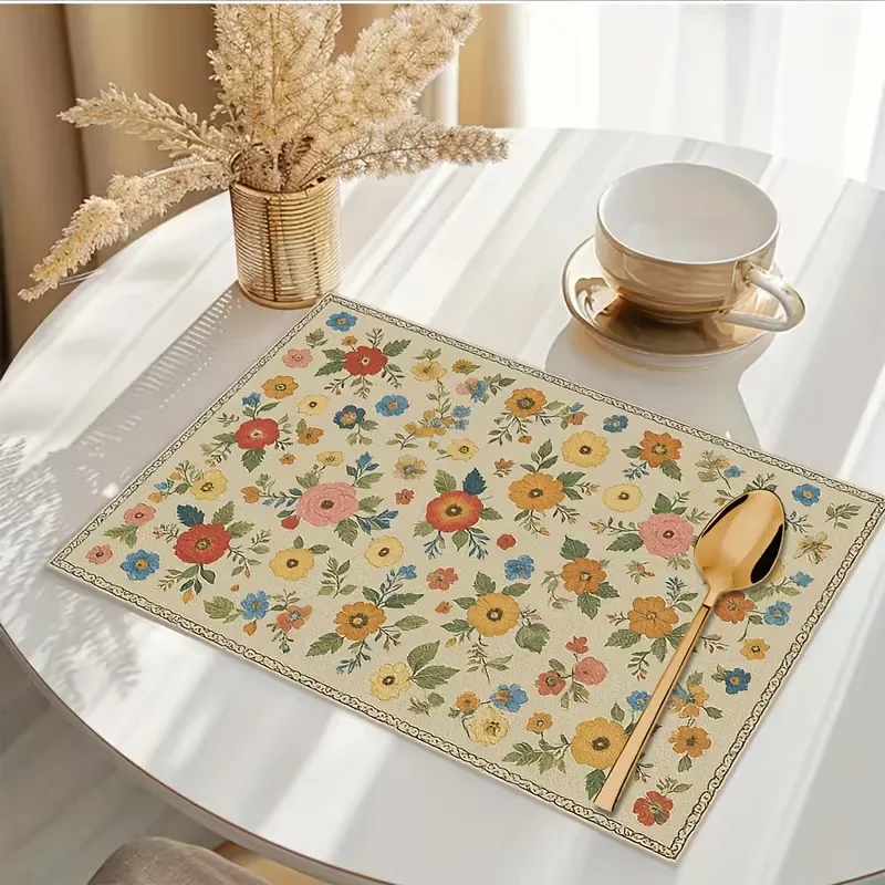 Vintage Floral Multicolor Floral Placemat Heat Insulated Non-Slip Placemat Kitchen Dining Table Accessories