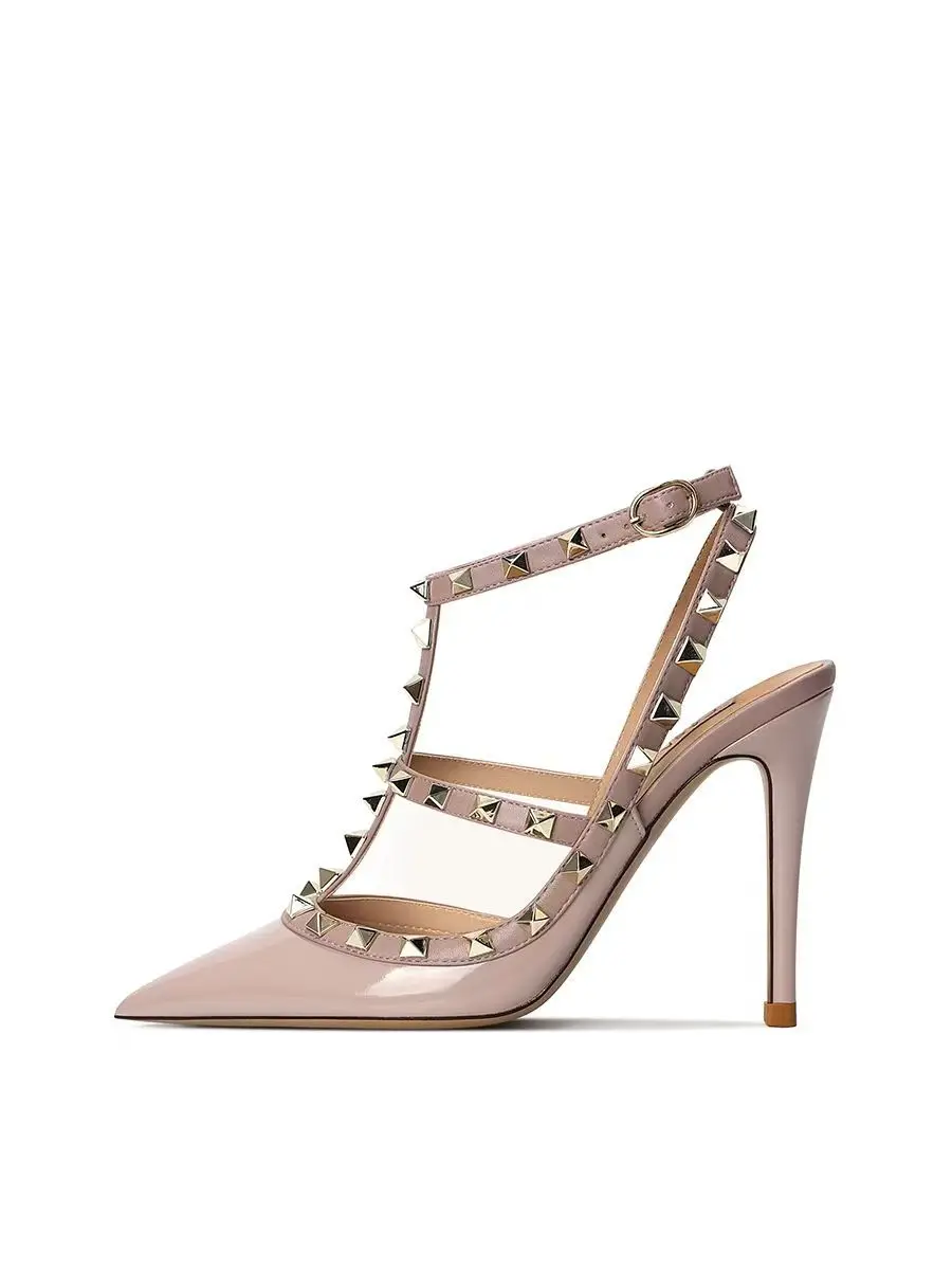 2024 Spring/Summer New Lacquer Leather Rivet Pointed Thin Heel Naked High Heels Women's Sexy Single Shoes Liuding Hollow Sandals