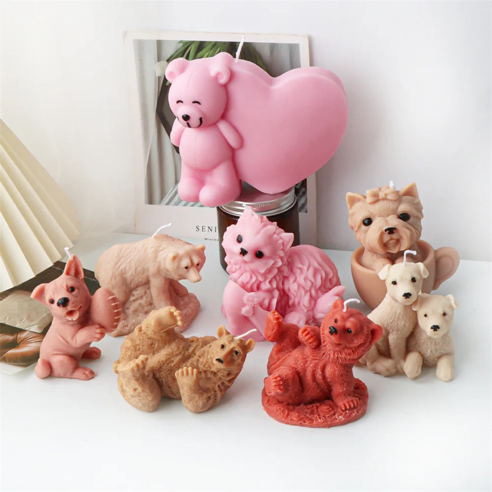 3D Cute Animal Love Bear Silicone Candle Mold for Puppies and Kittens Soap Aromatherapy Making Tools DIY Gypsum Resin Mould