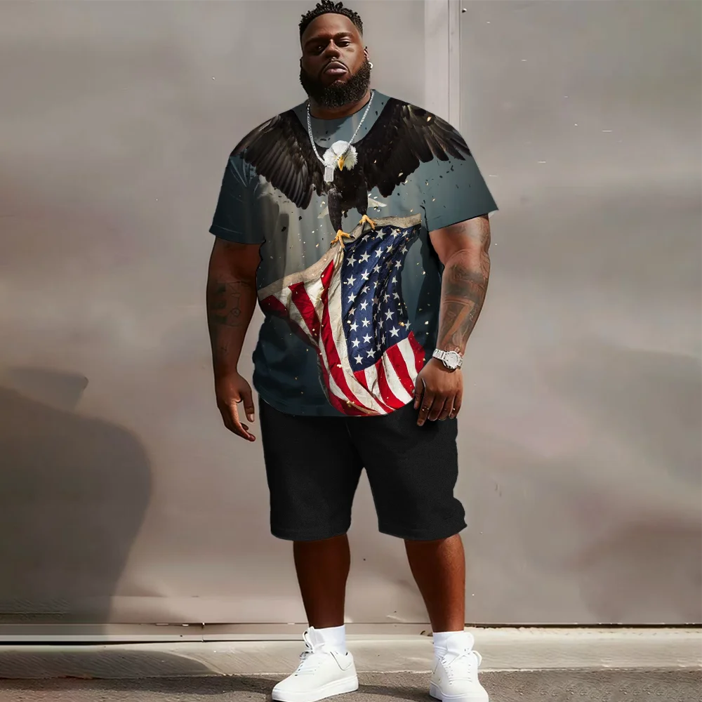 

S-9xl plus size Men's Short Sleeve Set: Eagle-Chic Vibe - 2-Piece Big & Tall Fit, Soft Breathable Fabric,