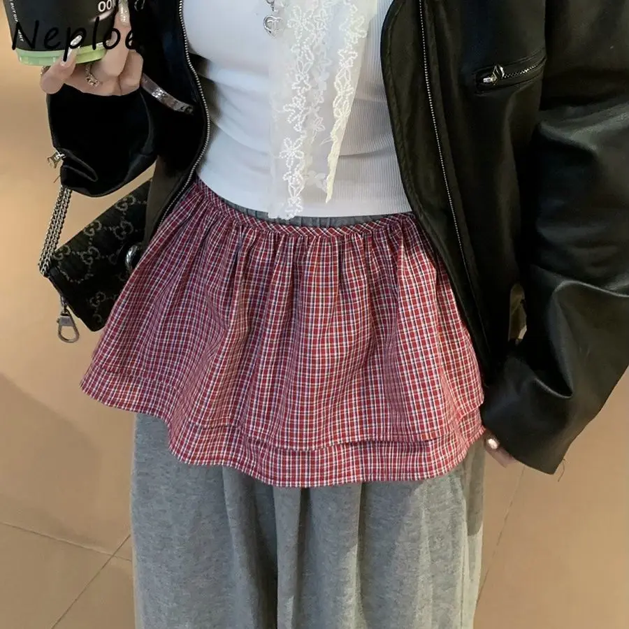 

Neploe Ball Gown Short High Waist Trendy Mujer Faldas Plaid Minority Sweet All-match Fart Curtain Lace Up Korea Literary Skirt