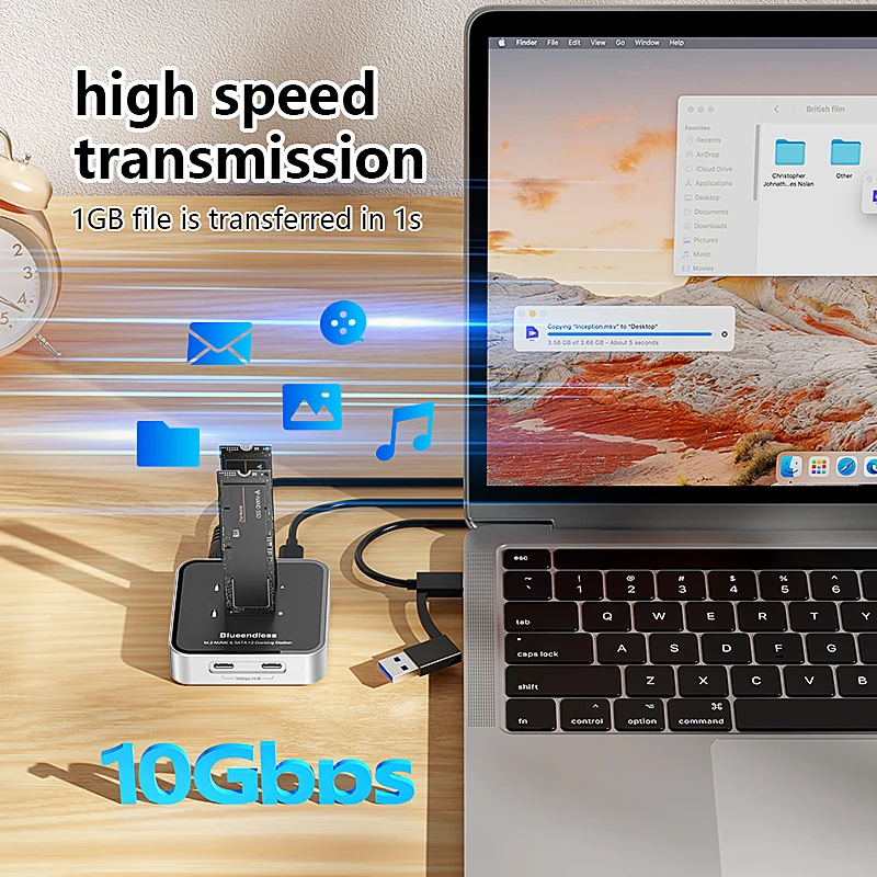 Blueendless Duay-Bay M.2 NVMe / SATA protocol SSD Docking Station with Hub SSD Reader Type C USB3.1 10Gbps external SSD case