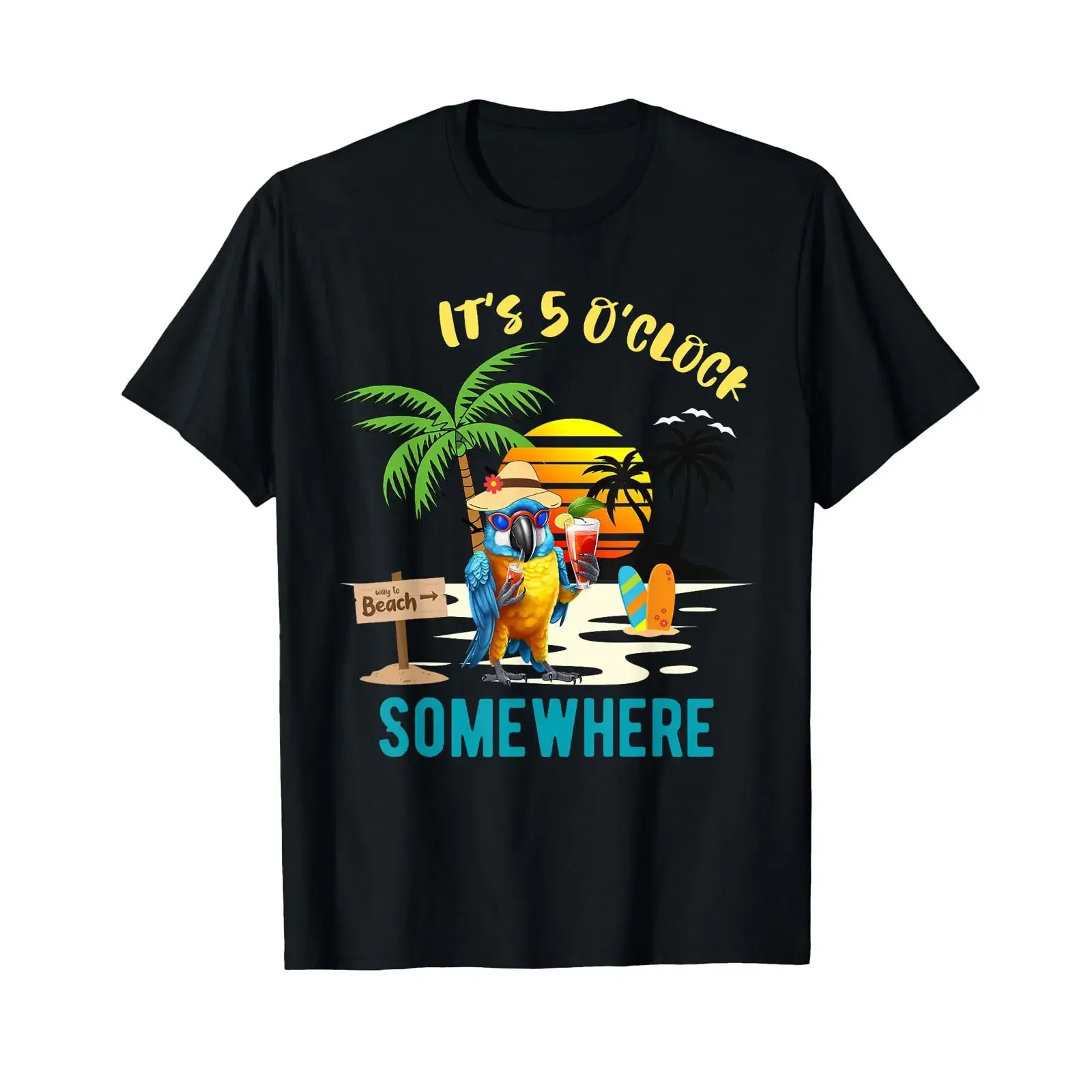 It's 5 O'clock Somewhere Parrot Sunset Drinking T Shirt vintage Washed graphic Breathable fashion homme Top For Everyday Wear