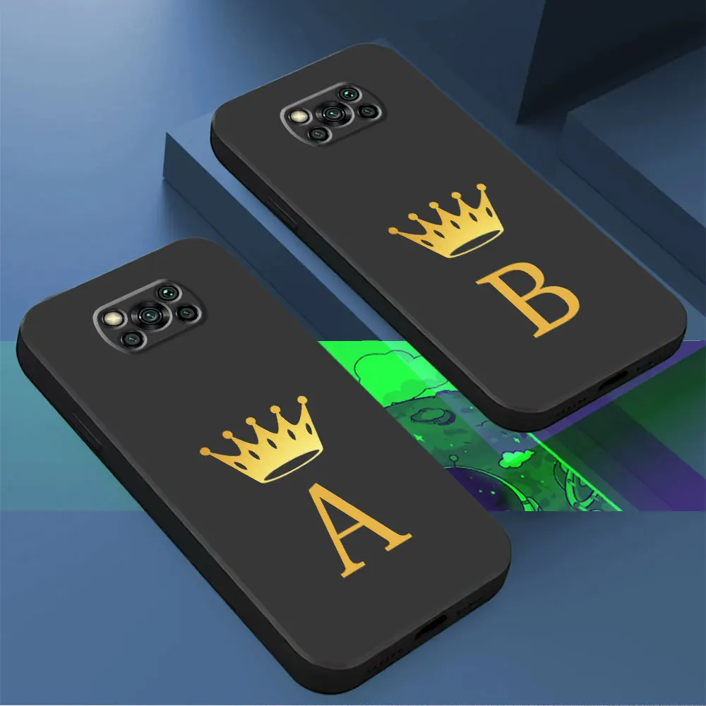 Crown 26 Letter Fashion A-F Phone Case for Poco M3 X4 Pro 5G X4 GT X3 NFC F5 C50 C51 C61 M4 Pro 5G C40 F1 M5 Black Soft Cover