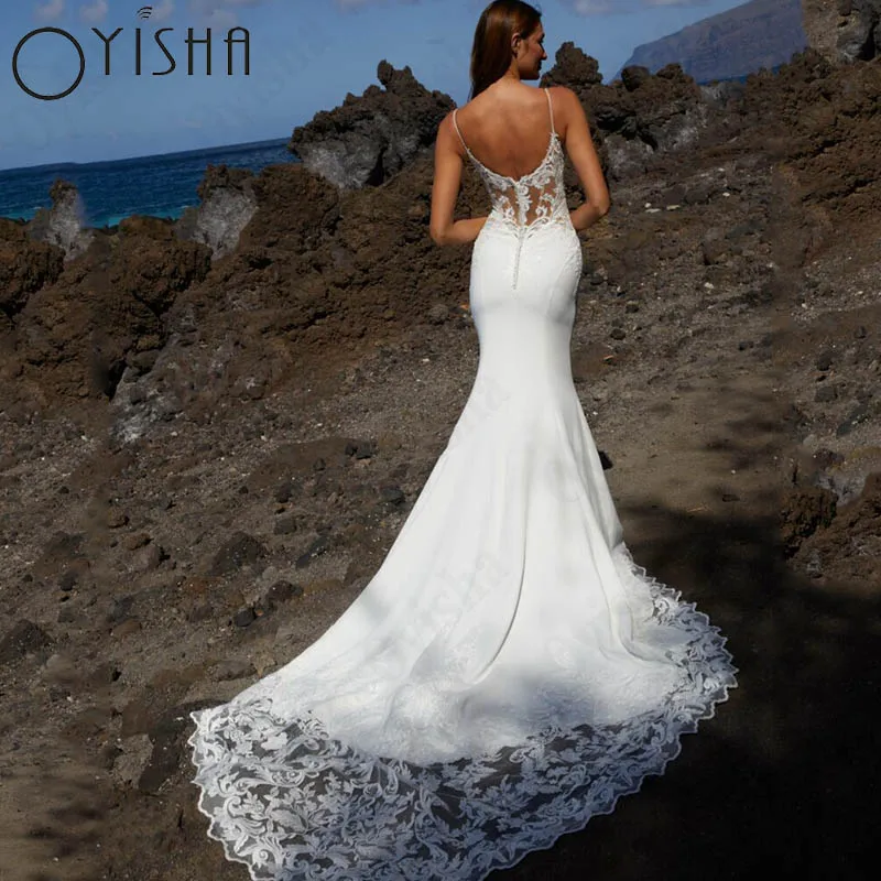 Oyisha Bohemian senza maniche Appliques abiti da sposa con scollo a v senza spalline festa nuziale Illusion Back Mermaid Vestido De Noiva Abiti da sposa senza maniche bohémien con applicazioni, scollo a V, spaghetti, f