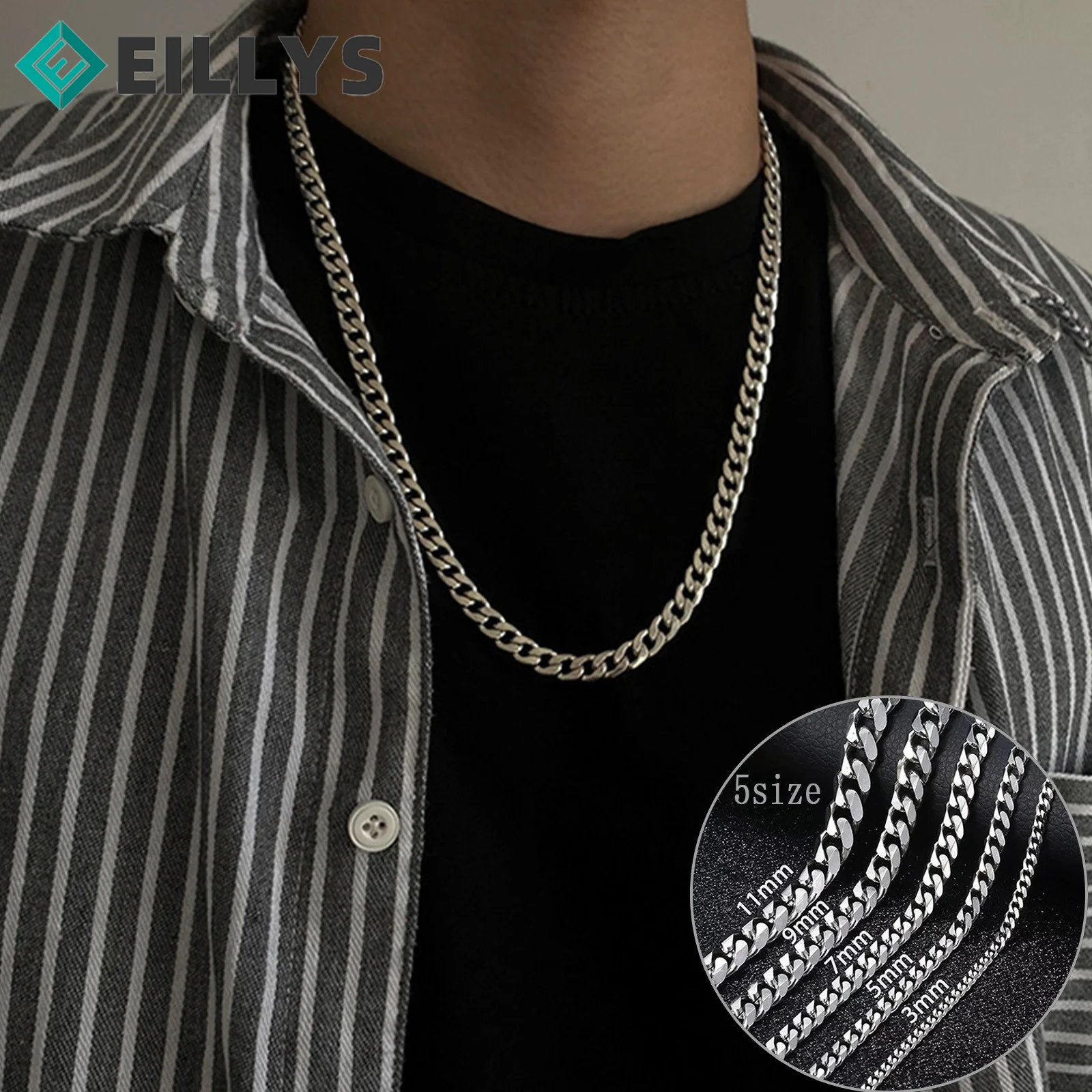 Hip Hop Thick Chain Men's Silver Color Necklace Stainless Steel Cuban Link Chain Mens Womens Cuban Tone Chokers 3.5/5/7/9/11mm