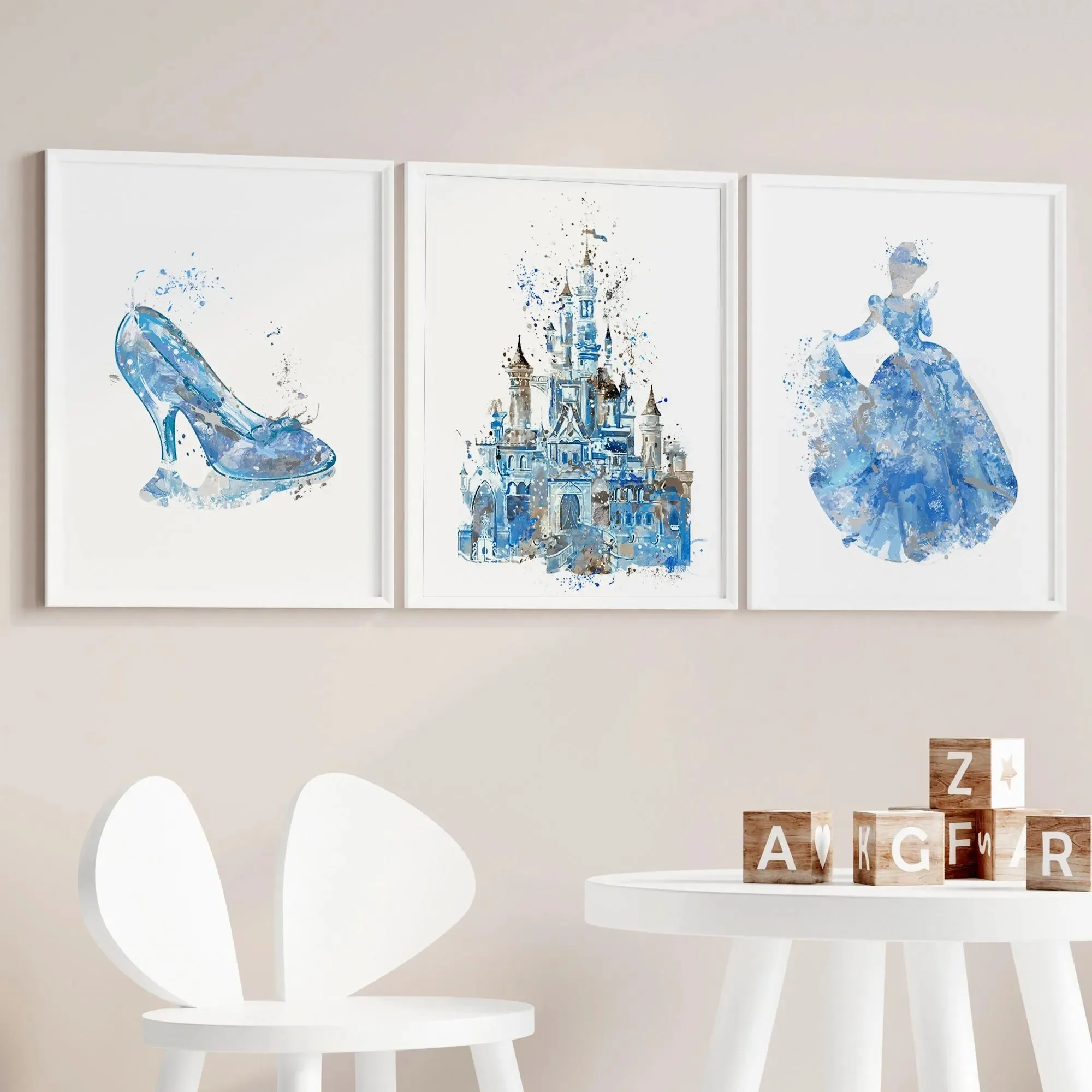 

MINISO Disney Castle Watercolor Painting Princess Canvas Poster Cinderella Girls Room Decoration Children's Room Crystal Shoes