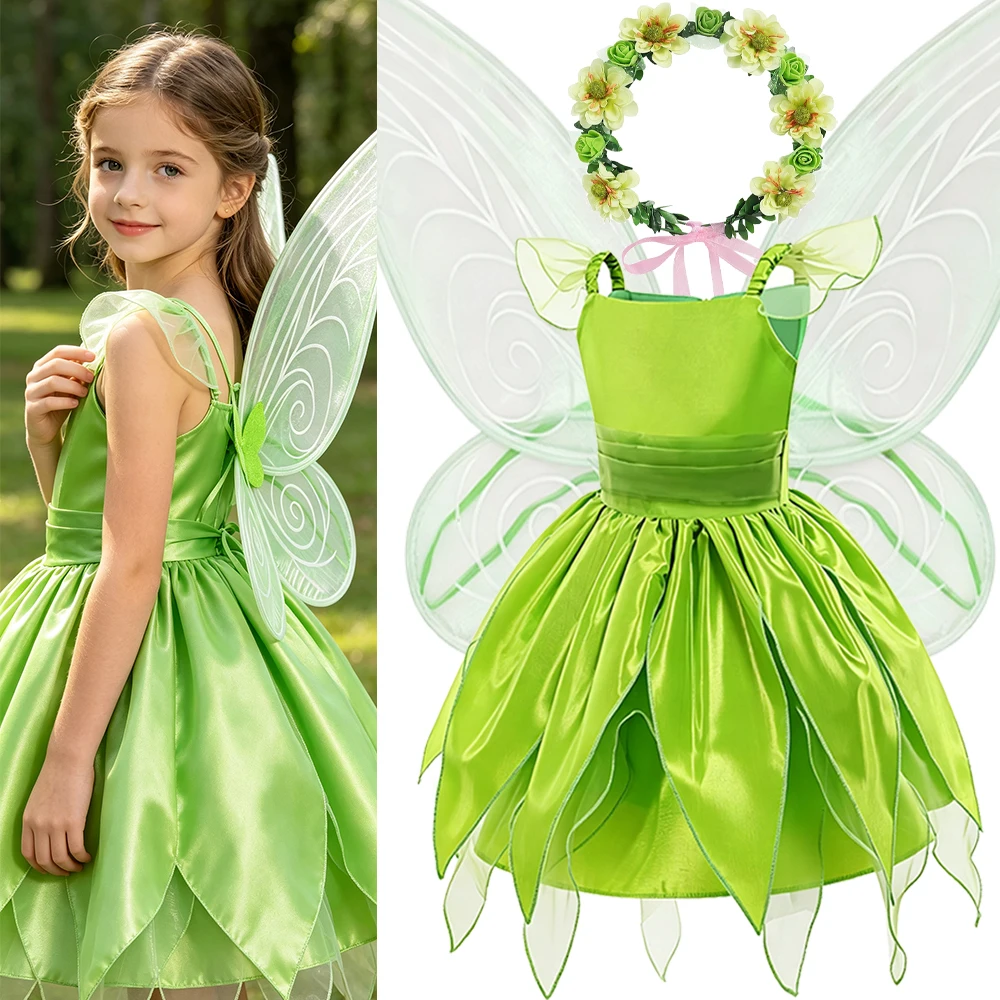 Mädchen Blumenfee Kostüm Kinder Prinzessinnenkleid mit Flügeln Halloween Prinzessinnenkostüm Elfen Partykleid – Detail 2