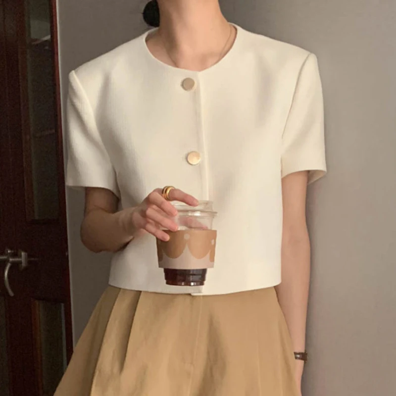 TPJB Korea 세련된 여름 자켓 작은 향기 바람 라운드 넥 싱글 브레스트 루즈 캐주얼 버블 슬리브 짧은 코트 여성