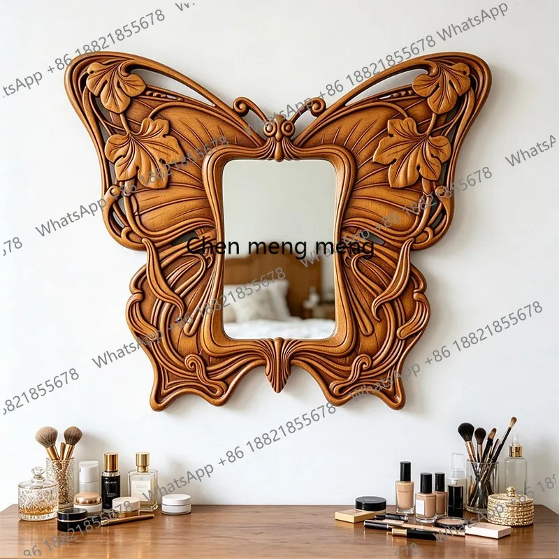 European retro carved butterfly decorative mirror makeup mirror light luxury entrance living room mirror