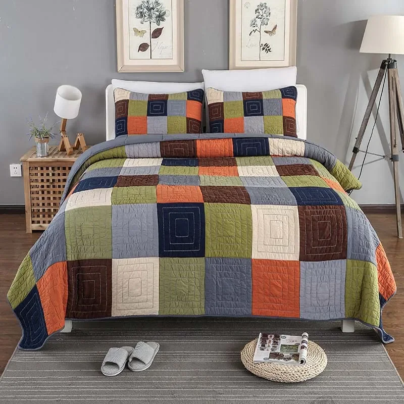 Handmade Patchwork Plaid Quilt Set 3-Pieces King Size 100% Cotton Breathable Bedspread for Bed All Season Home Decor Coverlet
