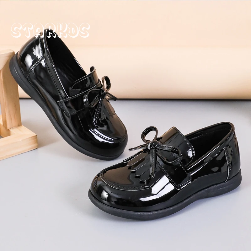 Patent Leather Bow Loafers Kids Girls Classic Tassel School Shoes Children Versatile  Casual Black White Slip-on Flat Zapatos