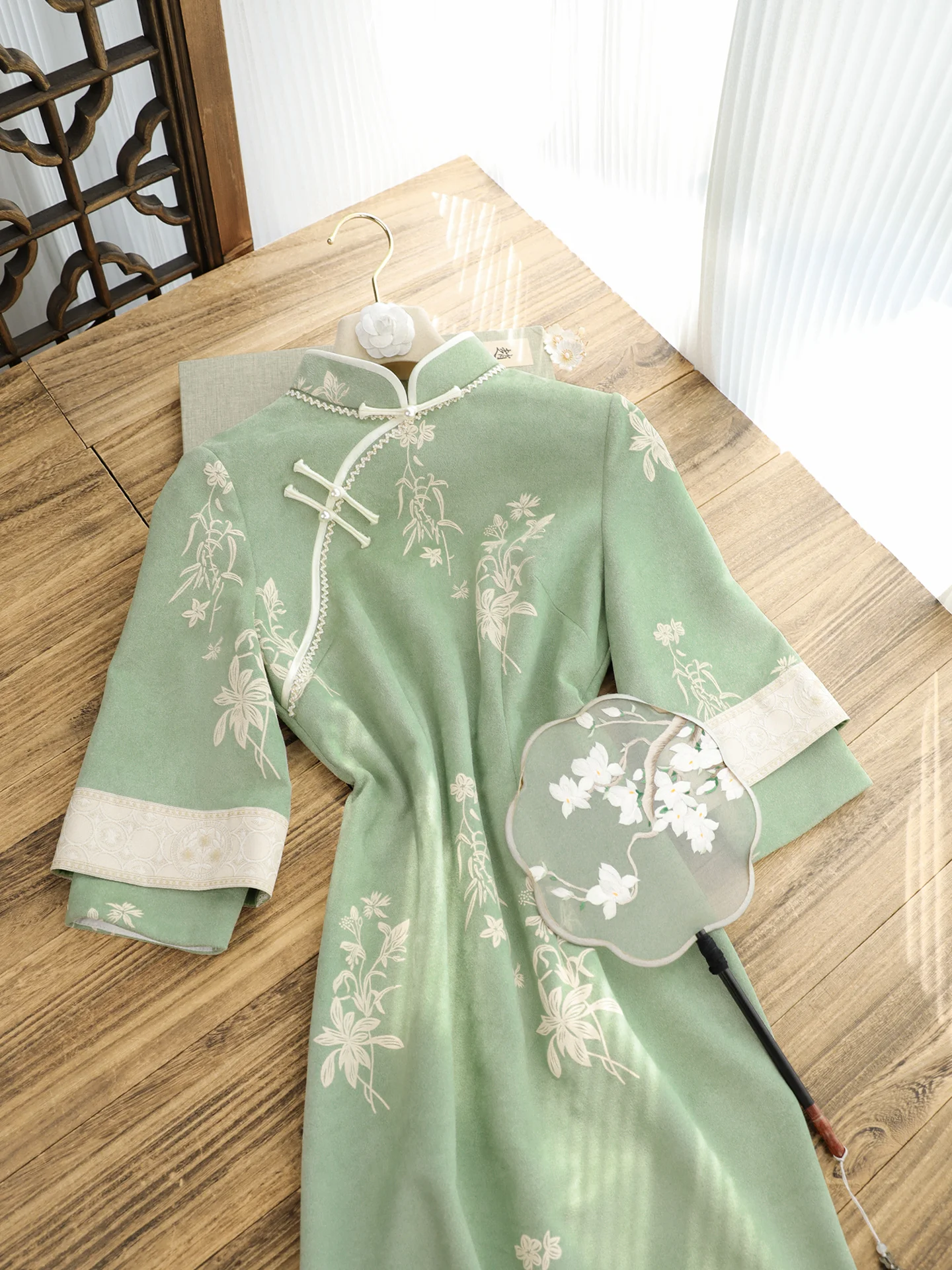 Elegant Green Chinese Style Qipao Women's Long Sleeve Refinement Daily Wear Suitable for Younger Adults Autumn New Arrival