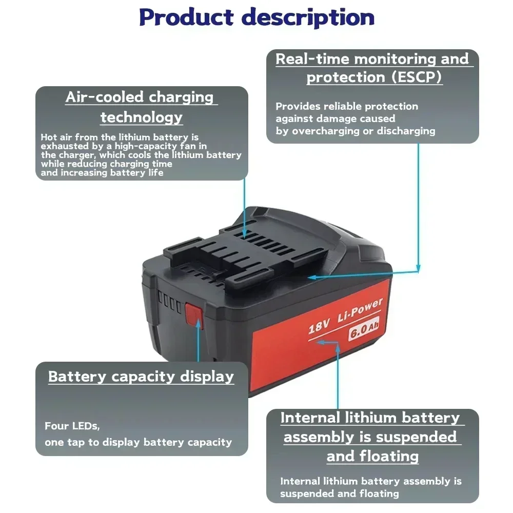 Newest Battery 18V 6.0Ah for Metabo Cordless Power Tool Drills Drivers Wrench Hammers for Metabo 18V Battery 625592000 625591000