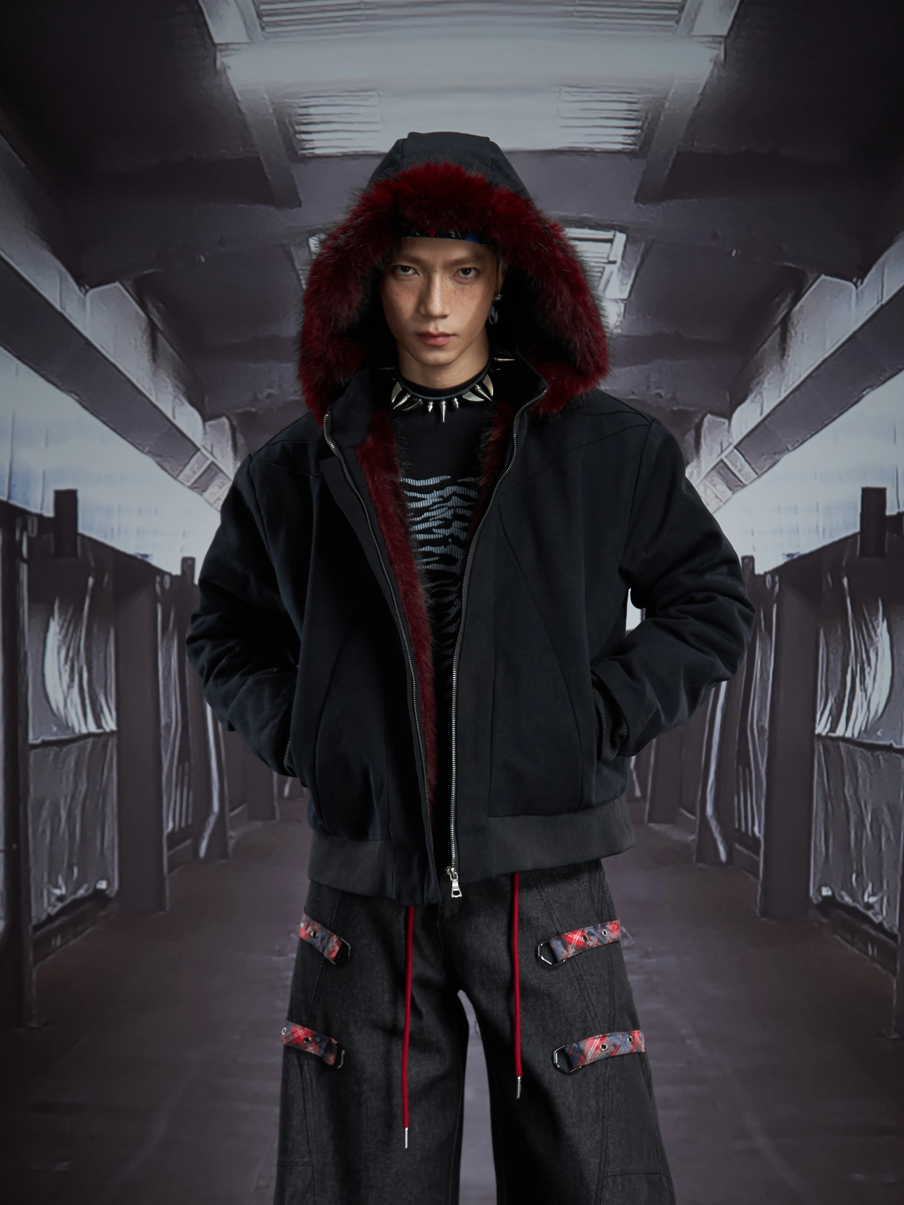 Detachable Fur Hat Stand Collar Deconstructed Stitching Line Loose-Fitting Short Coat Jacket