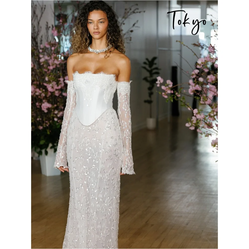 Tokyo Customized Elegant Long Sleeve Mermaid Wedding Party Satin Lace-Up Floor-Length Prom Dress Beading Floral Evening Dresses