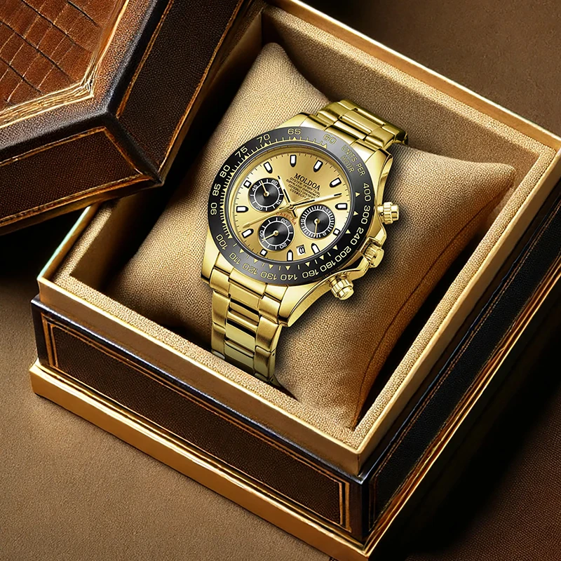 

Мужские желто-черные винтажные роскошные кварцевые часы с тремя циферблатами и календарем.