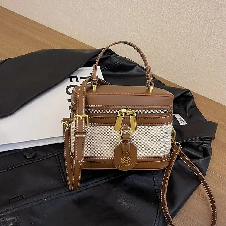 

Textured Retro Patchwork Box Bag, Women's Luxury Handheld Makeup Bag, Versatile Daily Shoulder Crossbody Purse