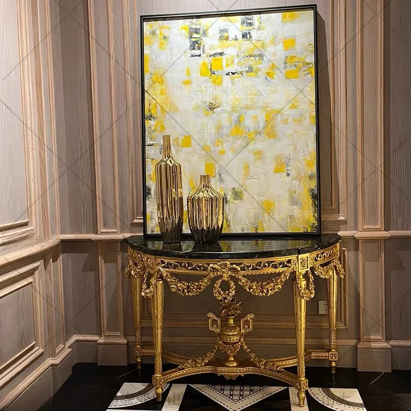 

French court carving flower gold foyer high-end marble surface villa strip case entrance cabinet European decorative cabinet