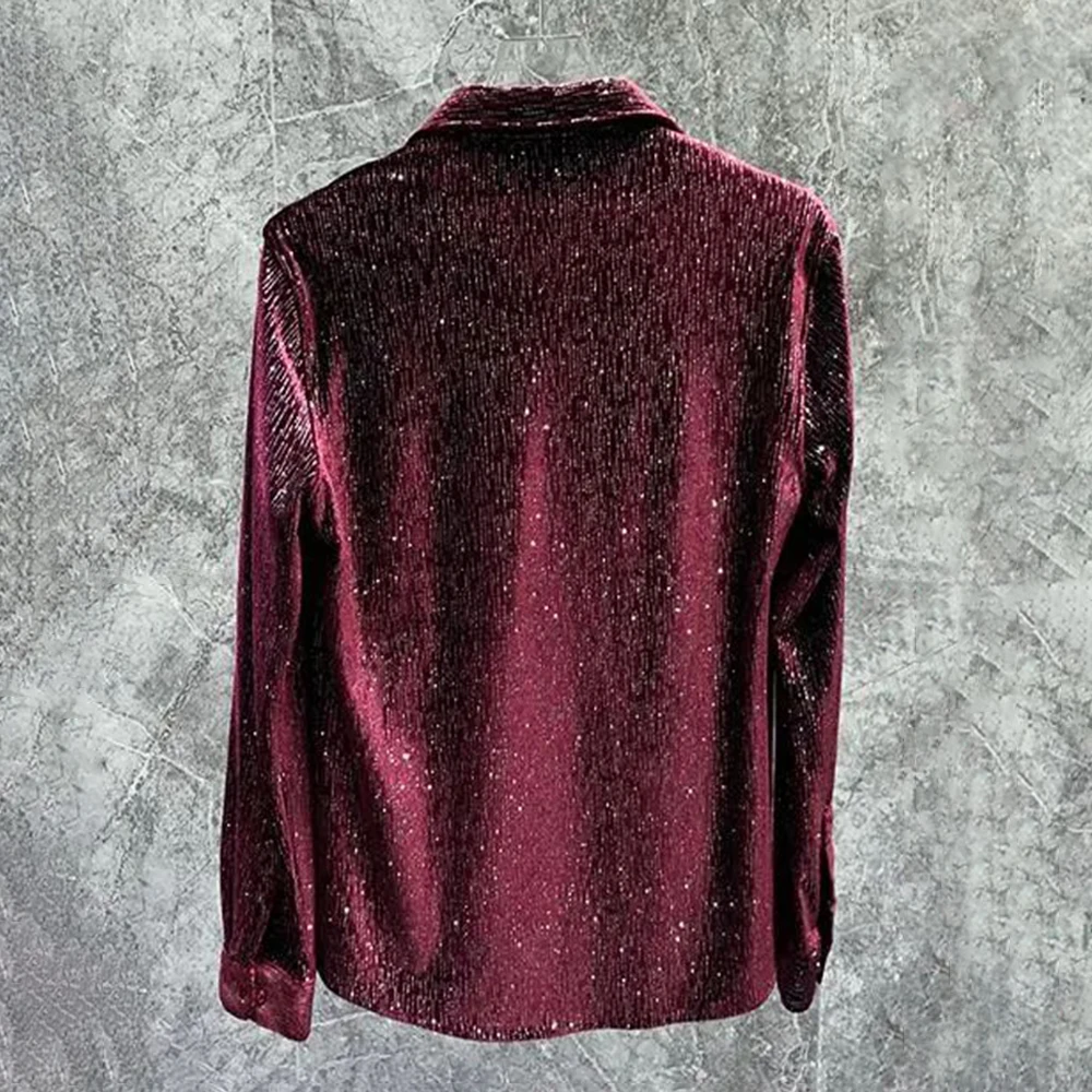 Men Gold Velvet Shiny Long-Sleeve Casual Shirt Autumn Genderless Fashion Youth Personality Slim Nightclub Performance Top Unisex