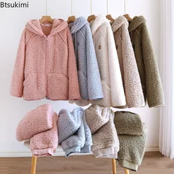 2026 Lamb Fleece Couple Pajama Sets Soft Warm Zipper Hooded Tops Pants Sleepwear Two-pieces Winter Nightie Sets Women Loungewear