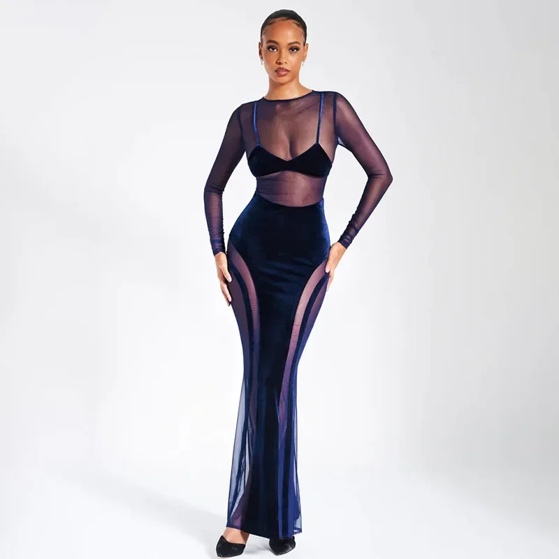 

Velvet Bodycon Maxi Evening Party Dress Women Elegant Sheer Mesh Patchwork Sexy Full Sleeve Hipster Long Clubwear Birthday Robe