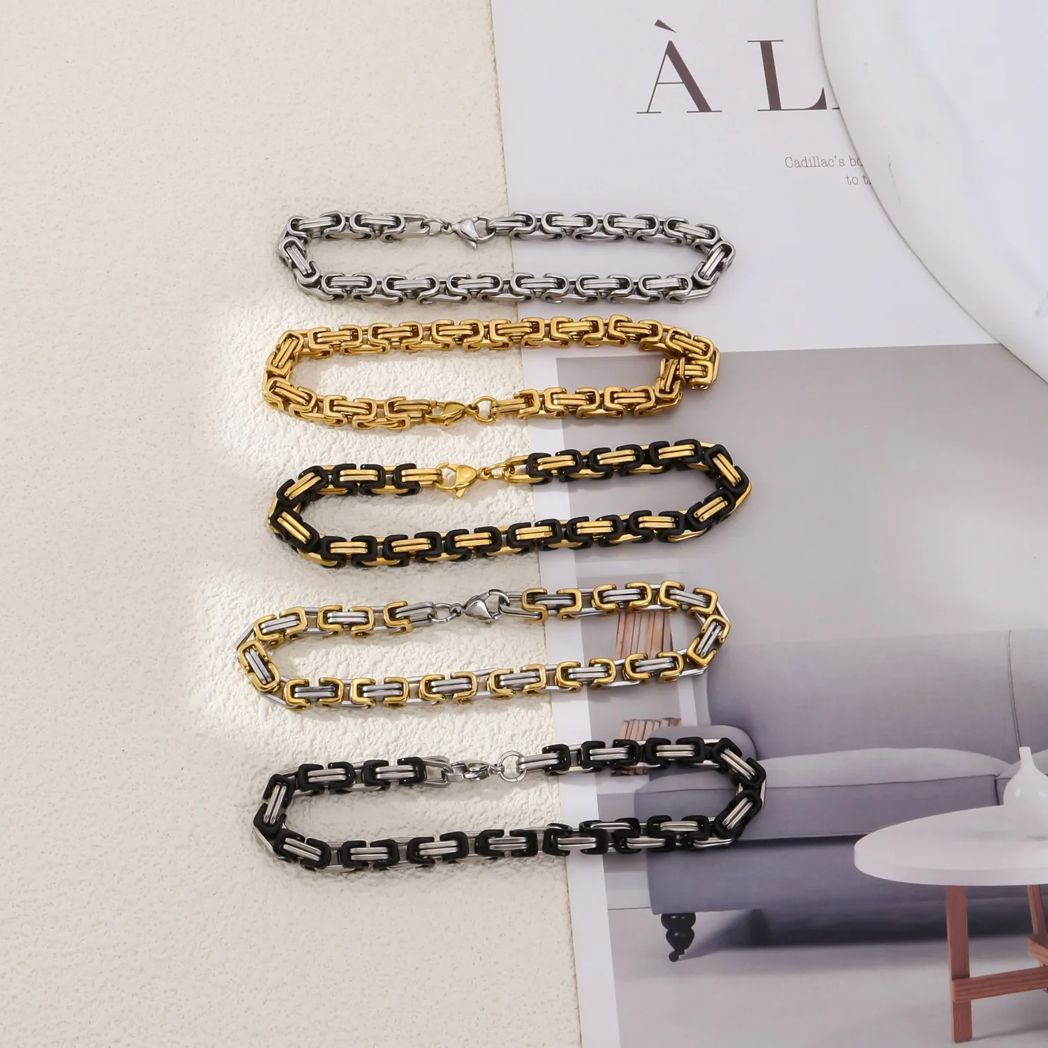 Hip-Hop-Punk Edelstahl Byzantinisches Kettenarmband Retro Goldfarben Herrenarmband Mode Party Schmuck Accessoires – Detail 9